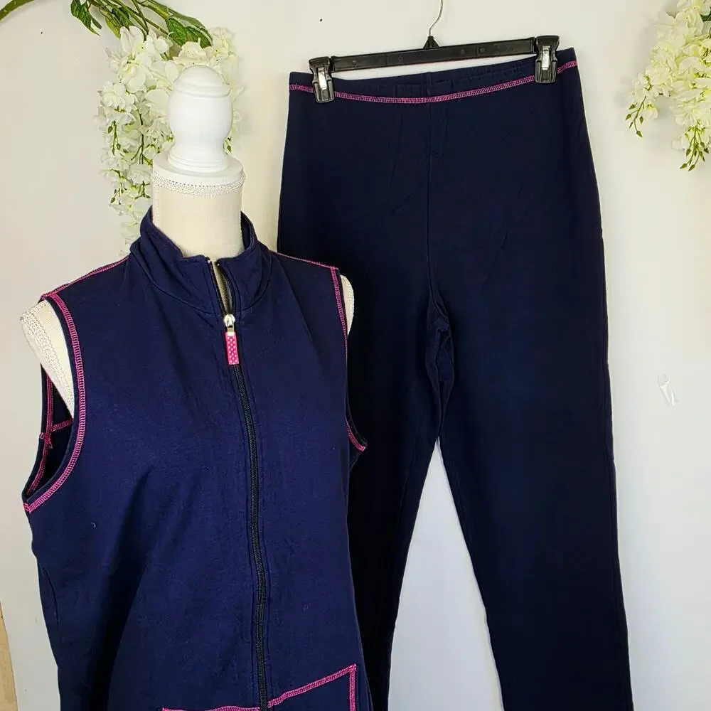 The Quacker Factory Lounge Outfit Set Large Navy Pink Whale Zip Vest Coastal